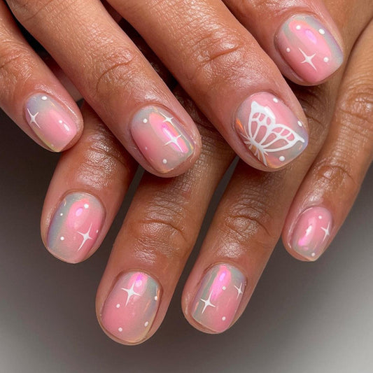 In The Middle Short Square Pink Glossy Press On Nails