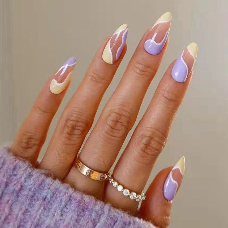Lavender Latte Long Almond Press On Nail Set, Beige with Lavender and Cream Swirl Accents