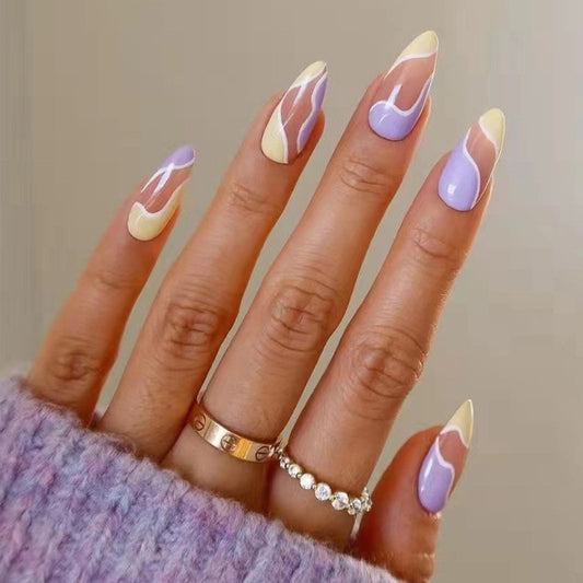 Lavender Latte Long Almond Press On Nail Set, Beige with Lavender and Cream Swirl Accents