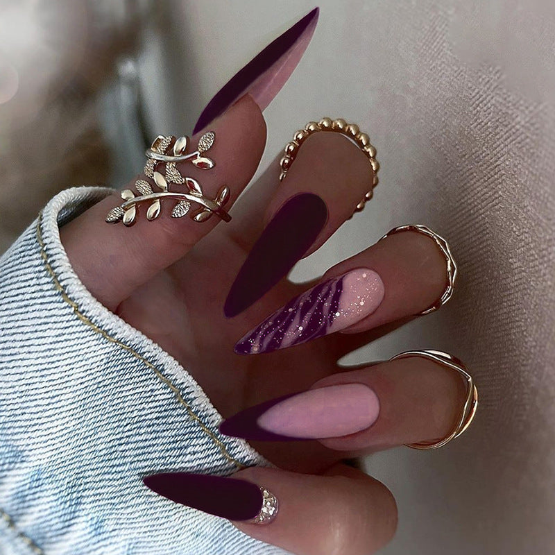 Slashed Long Stiletto Purple Glitter Press On Nails