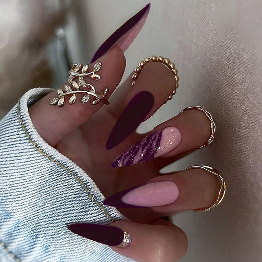 Slashed Long Stiletto Purple Glitter Press On Nails