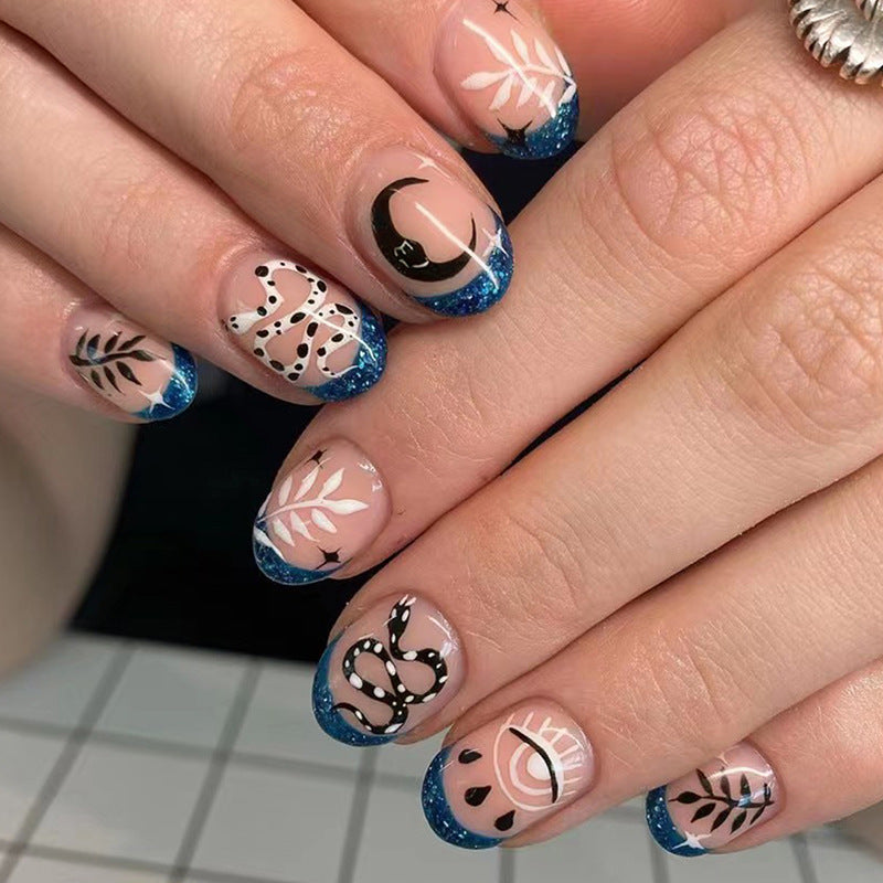 Fantasy Novel Short Round Blue French Tips Press On Nails