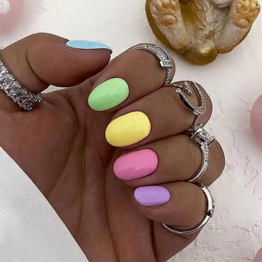Easter Eggs Short Round Multicolor Cute Press On Nails