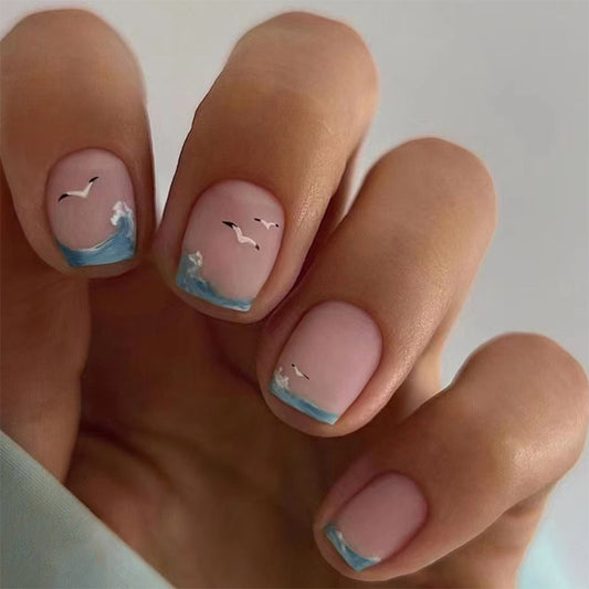 Seagulls And Waves Short Square Blue Everyday Press On Nails