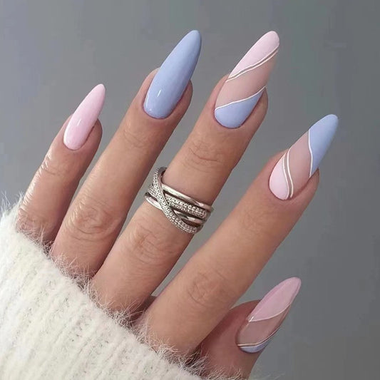 Spring Blossom Long Almond Lavender Pink Ombre Press On Nail Set with White Line Art