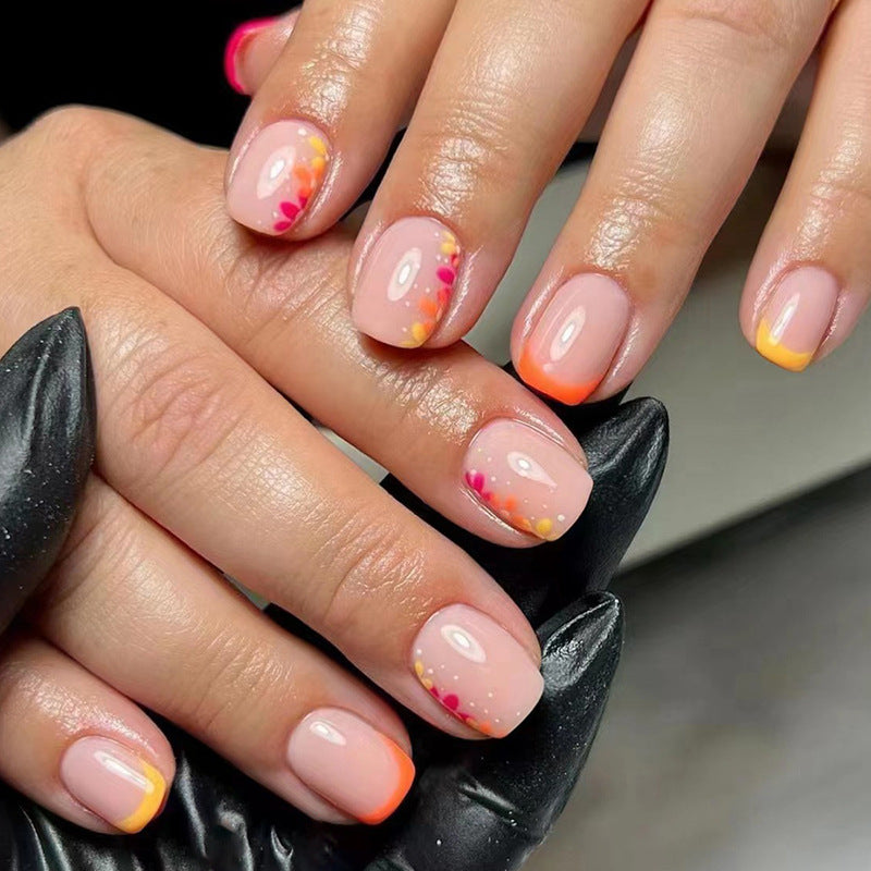 Asked Last Minute Short Square Orange French Tips Press On Nails