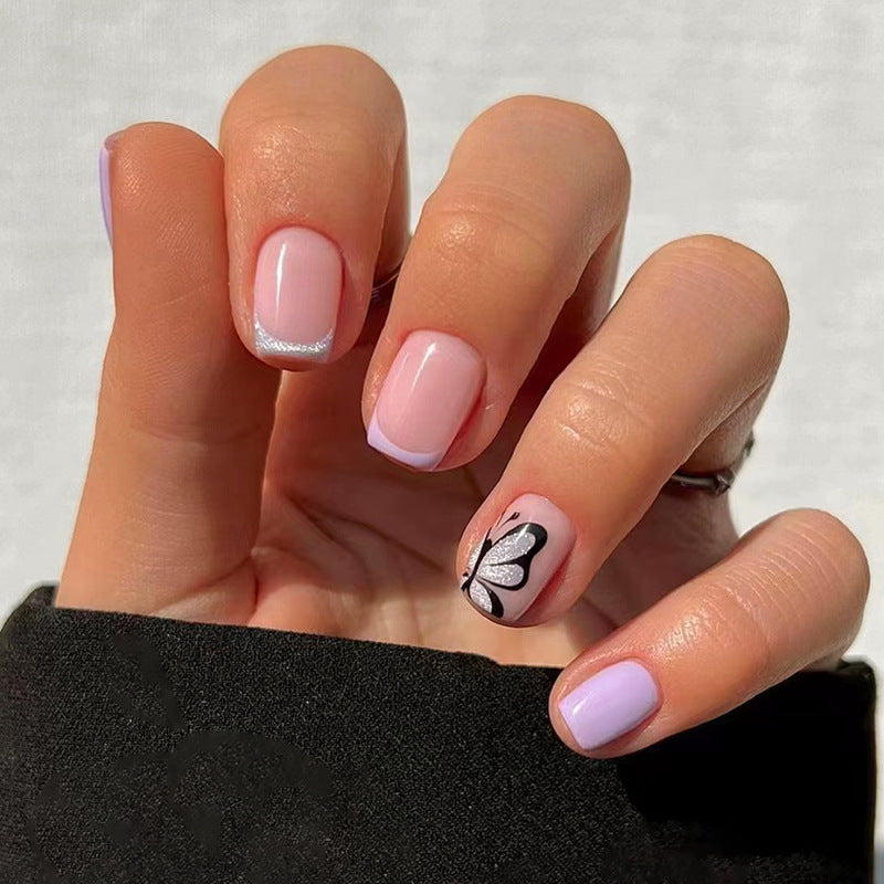 Absolutely Beautiful Short Square Silver Butterfly Press On Nails