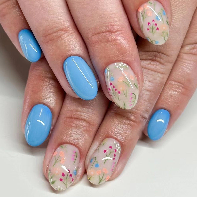Little Pinch Short Round Blue Glossy Press On Nails