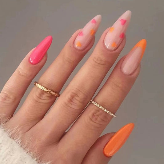 Sunset Sorbet Long Stiletto Pink Orange Ombre Press On Nail Set with Sheer Accents