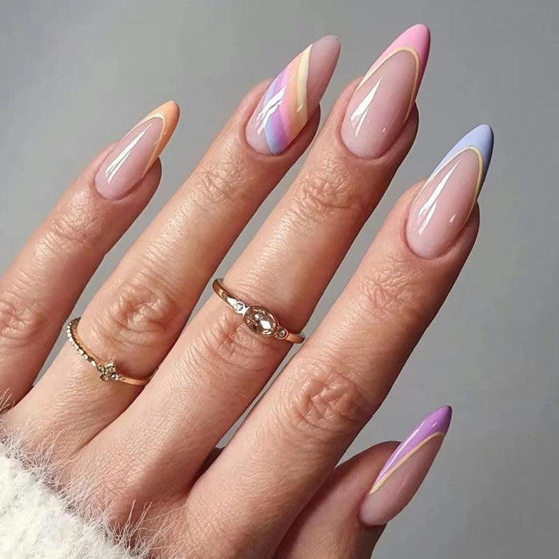 Elegant Mirage Long Almond Beige Purple Ombre Press On Nail Set with Gold Stripe Detail