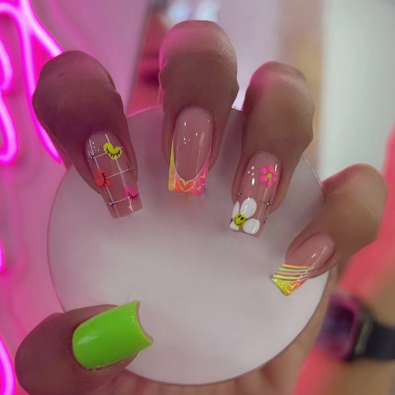 Peaceful Love Long Coffin Multicolor Cartoon Press On Nails
