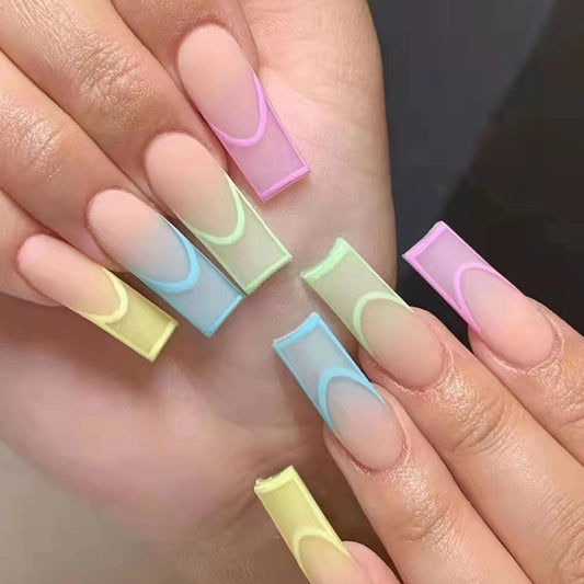 Neon Glow Long Square Pastel Yellow Blue Pink French Tip Press On Nail Set with Translucent Finish