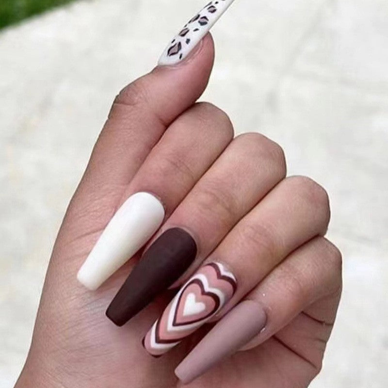 Chic Romance Long Coffin White Brown Mauve Press On Nail Set with Heart and Animal Print Accents