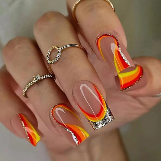 On Fire Long Square Red Bold Press On Nails