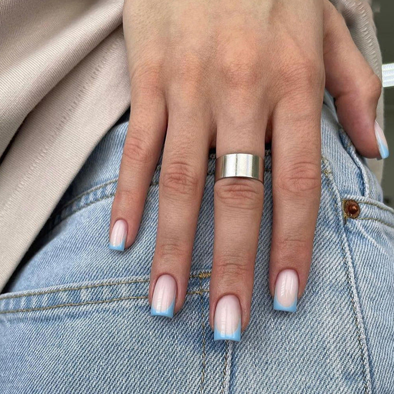 Dipped In The Ocean Medium Square Blue French Tips Press On Nails