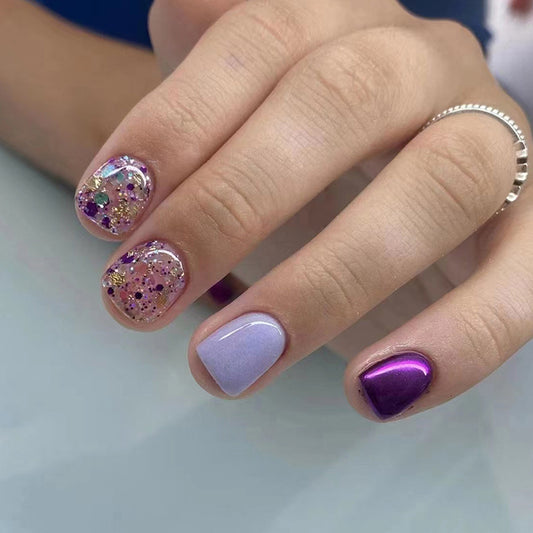 In Gel Short Squoval Purple Marble Press On Nails
