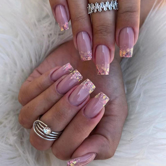 Scattered Around Medium Square Pink Glitter Press On Nails