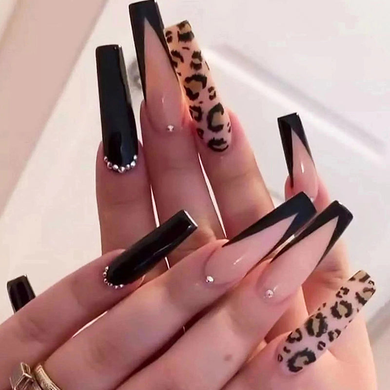 Sleek Panther Extra Long Coffin Black Beige Leopard Print Press On Nail Set with Gemstone Accents