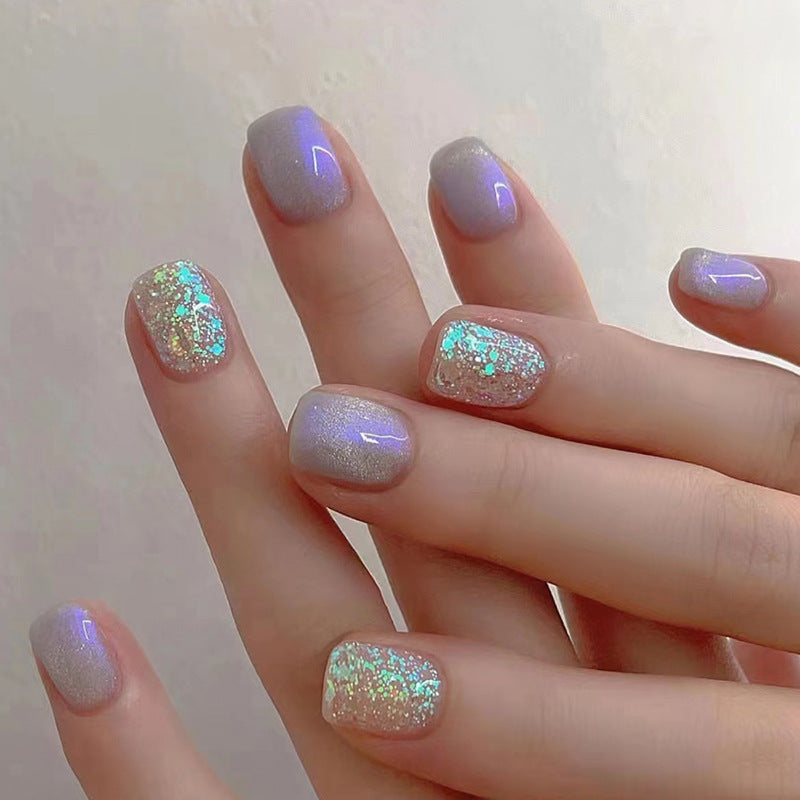 Baby Mermaid Short Squoval Silver Glitter Press On Nails