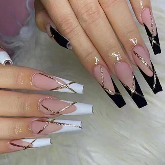 Glamorous Gala Long Coffin Black White Beige Press On Nail Set with Gold Chain Accents