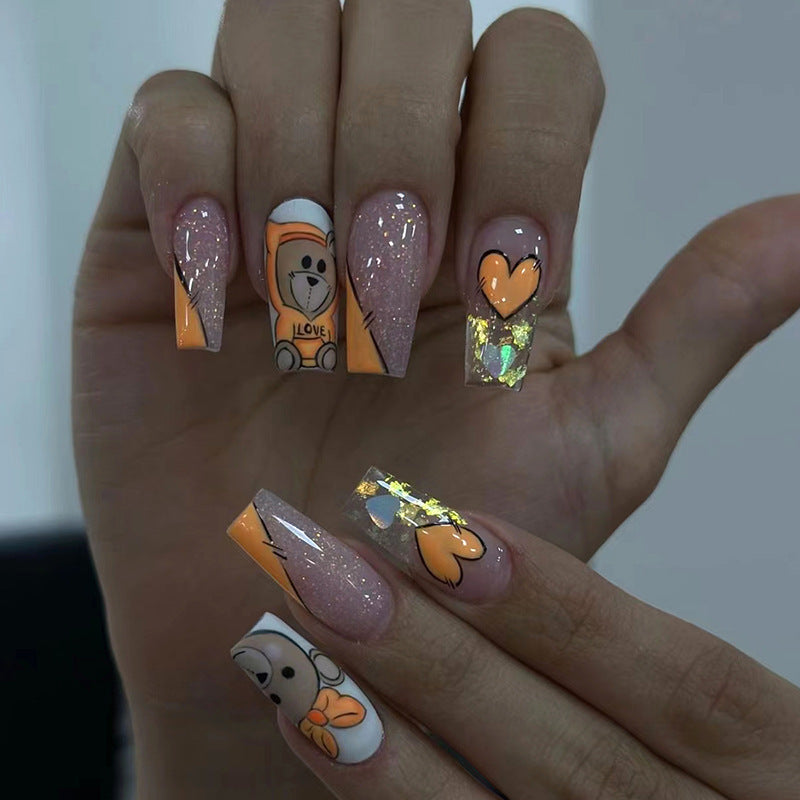 Teddy Love Long Coffin Orange Cartoon Press On Nails
