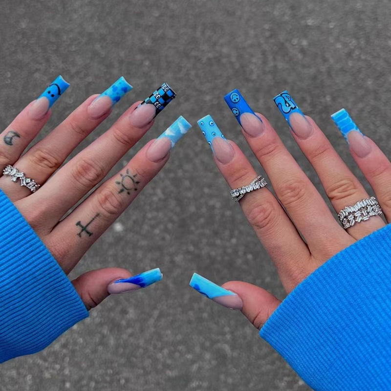 Electric Blue Extra Long Square Sky Blue Black Press On Nail Set with Emoticon Accents