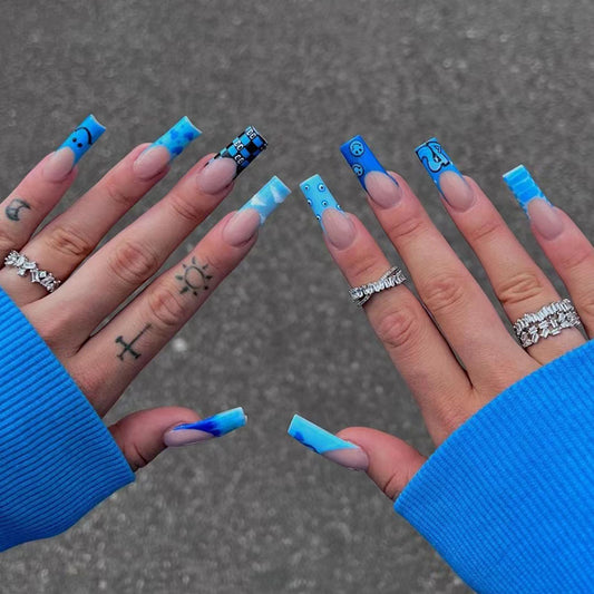 Electric Blue Extra Long Square Sky Blue Black Press On Nail Set with Emoticon Accents