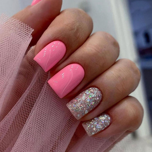 Ultra Premium Medium Square Pink Glitter Press On Nails