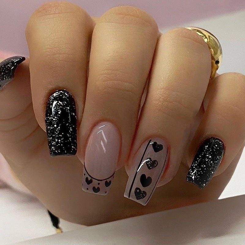 Notes Of The Hearts Long Square Black Bold Press On Nails