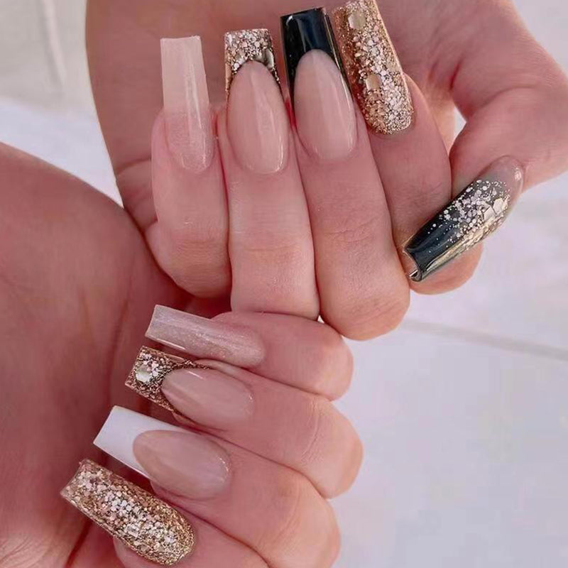 Luxury Gala Medium Square Beige Black Gold Glitter Press On Nail Set with Rhinestone Accents