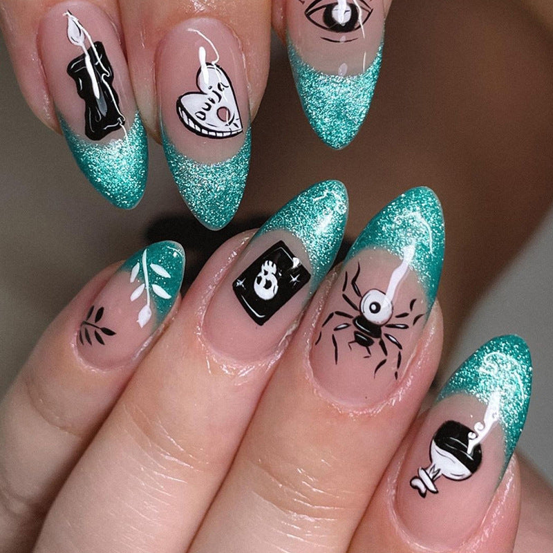 Ouija Board Medium Almond Green French Tips Press On Nails