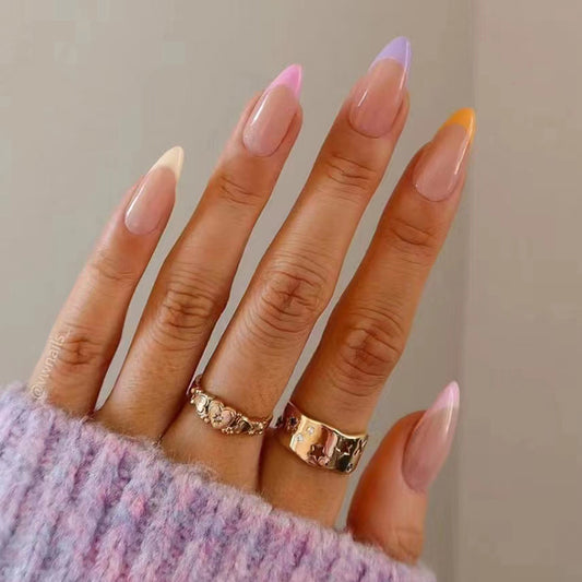 Pastel Perfection Long Almond Beige Lilac Ombre Press On Nail Set with High Gloss Finish