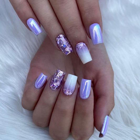 Speaks To You Long Square Purple Glitter Press On Nails