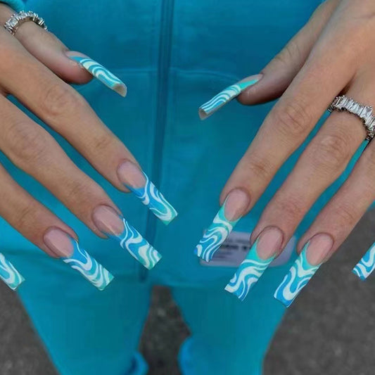 Aqua Swirl Long Square White Teal Wave Press On Nail Set with Marble Design