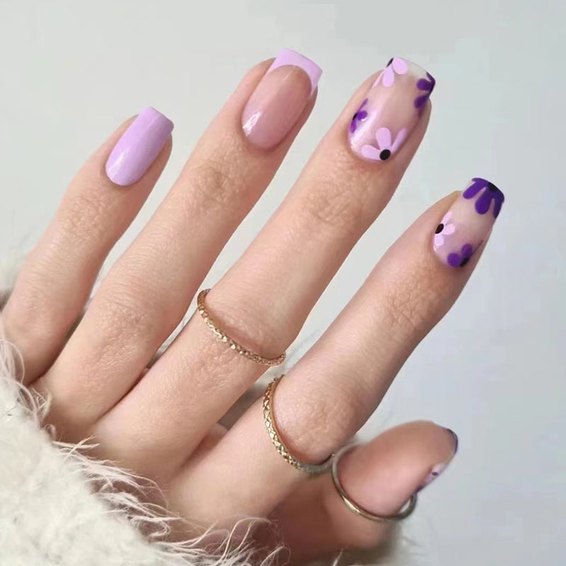 Lavender Dream Medium Square Light Purple Press On Nail Set with Dark Purple Splatter Accents