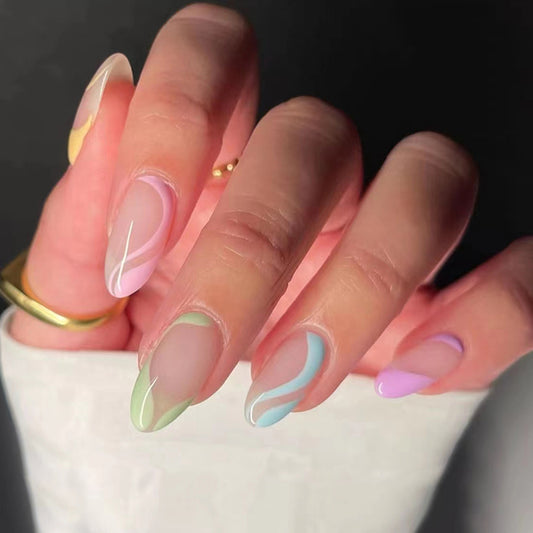 Pastel Swirl Medium Almond Multicolor Press On Nail Set with Translucent Gloss Finish