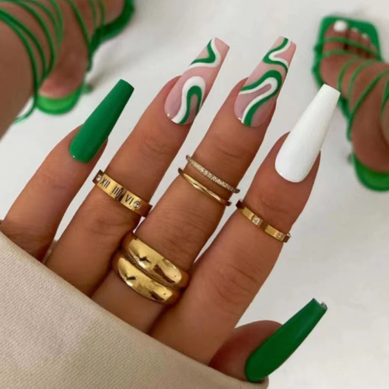 Spring Blossom Extra Long Coffin Press On Nails Set, Dual Tone Green and White with Swirl Design, Gold Accent Rings Compatible