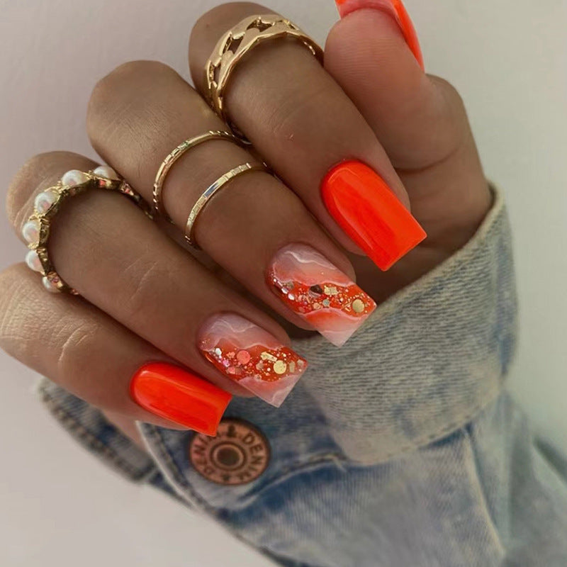 Hot Lava Medium Square Orange Marble Press On Nails