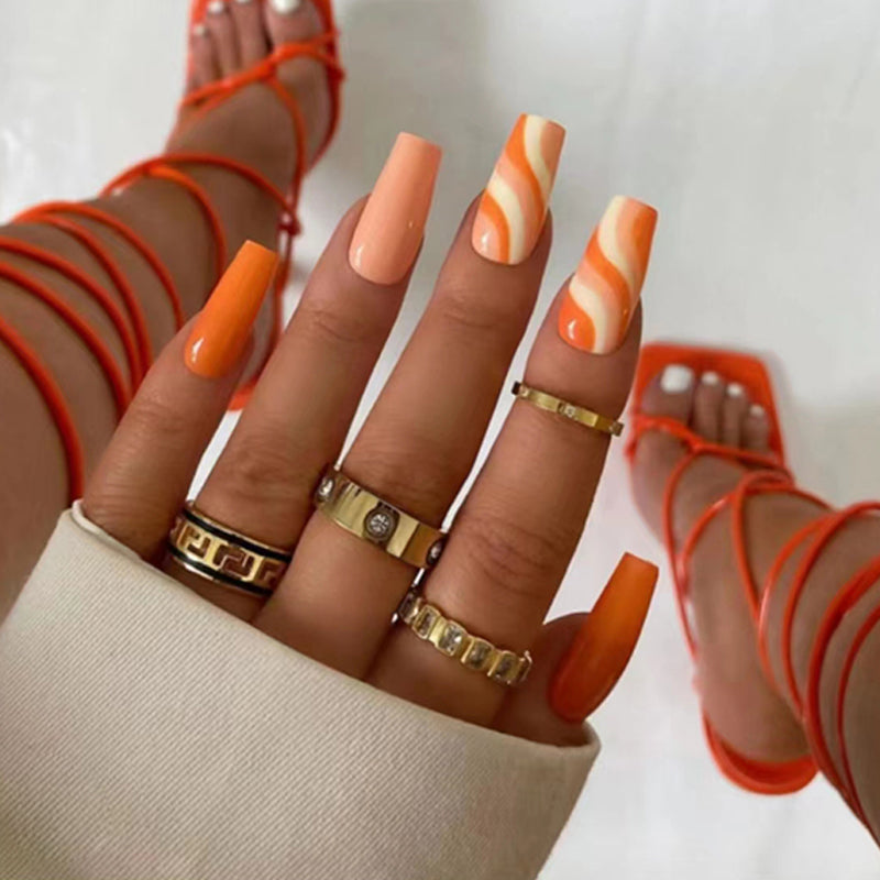 Tropical Sunset Medium Length Coffin Press On Nails Set, Peach and Orange Swirl Pattern, Fashion Statement Rings Compatible