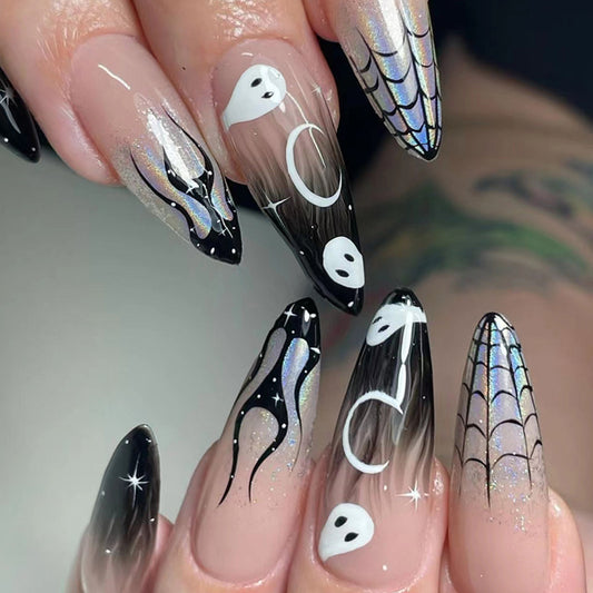 Spooky Little Ghosts Medium Stiletto Black Halloween Press On Nails