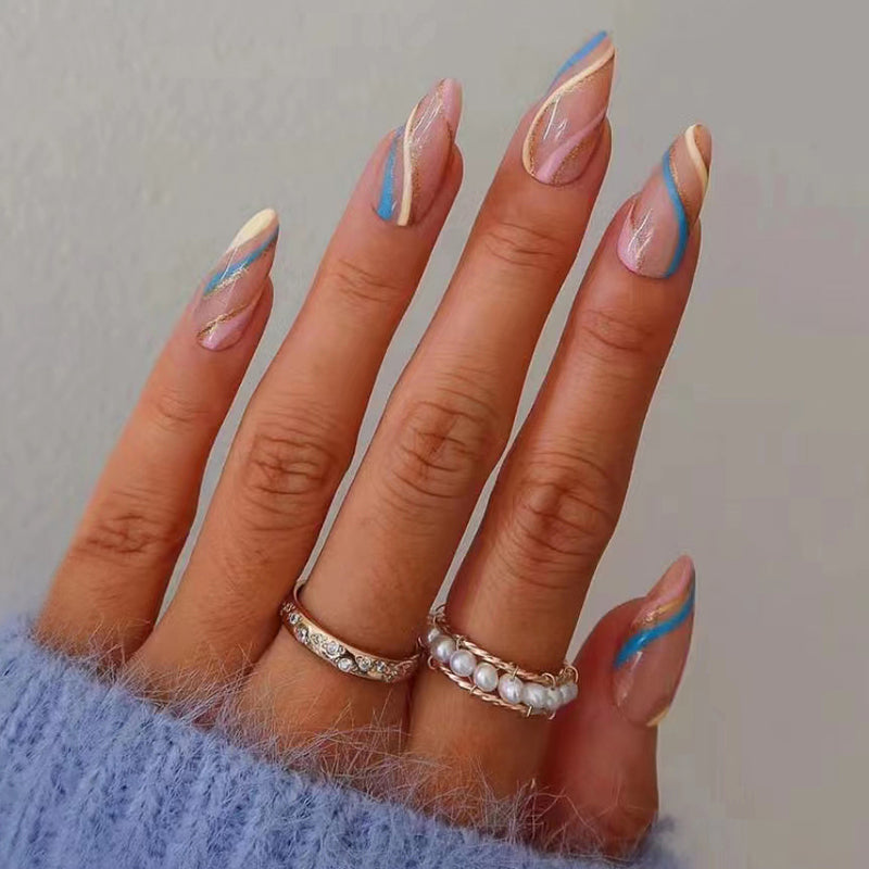 Iridescent Elegance Long Almond Press On Nails Set, Beige Base with Blue and Pink Holographic Accents, Pearl Adorned Rings Compatible
