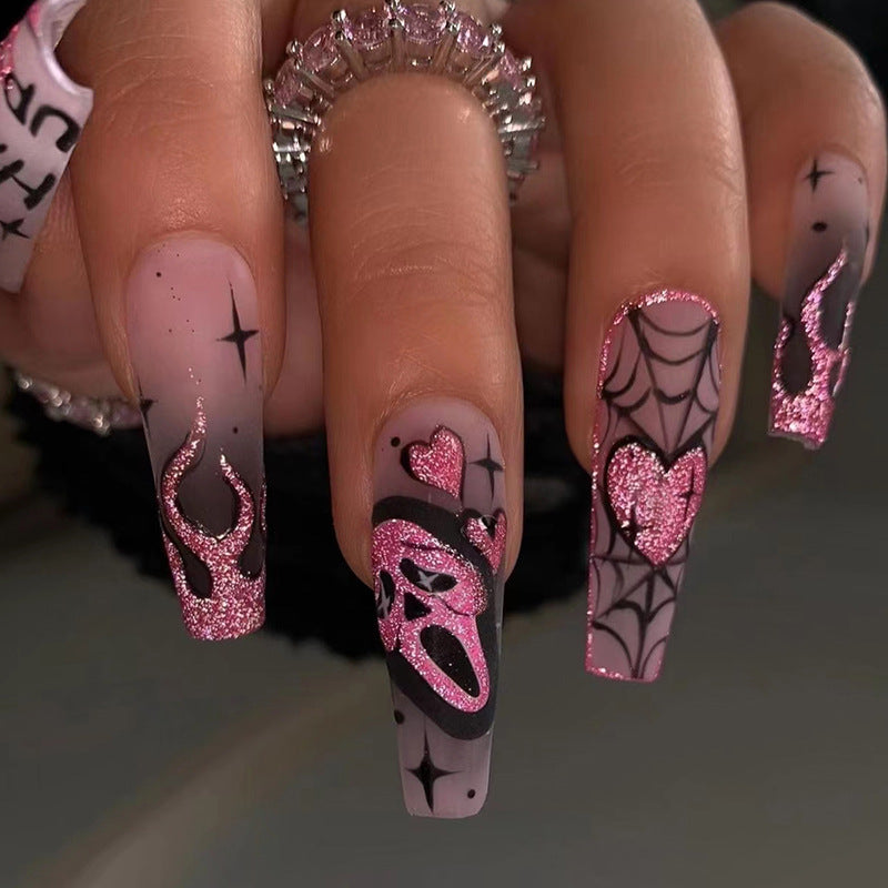 Scream Queen Long Coffin Pink Halloween Press On Nails