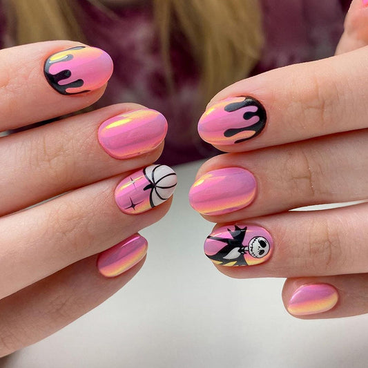 Jack In The House Medium Round Pink Halloween Press On Nails