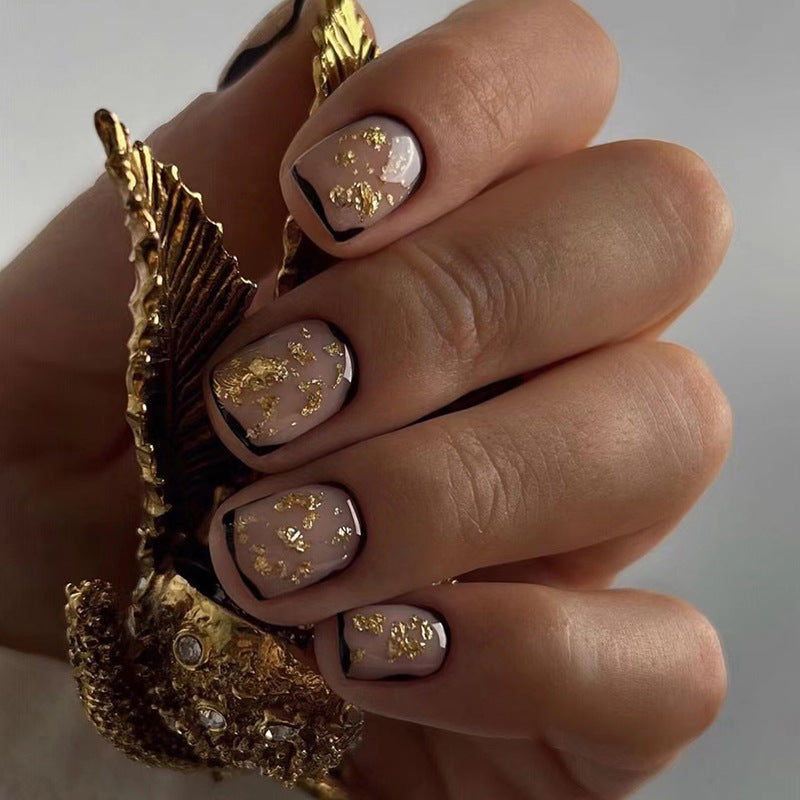 Gold Flakes Short Square Gold Glam Press On Nails