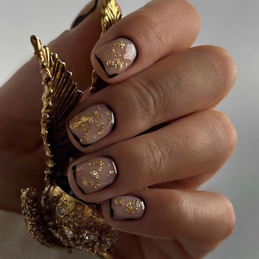 Gold Flakes Short Square Gold Glam Press On Nails