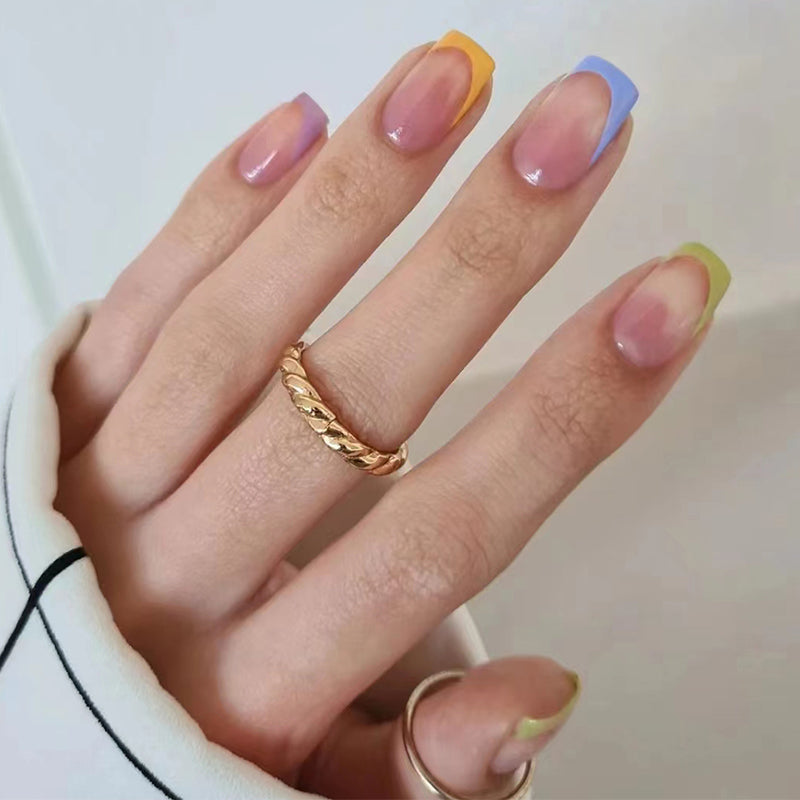 Pastel Dreams Short Length Square Press On Nails Set, Multicolor French Tips with Lavender, Peach, and Lemon Hues, Gold Twisted Ring Compatible