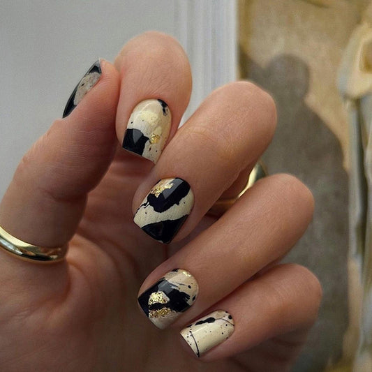 Extra Bit Of Glam Short Square Black Marble Press On Nails