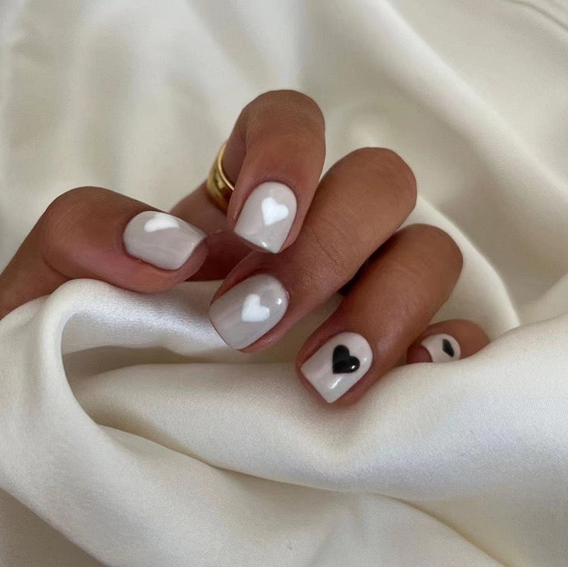 Hearts Of Two Sides Medium Square Gray Everyday Press On Nails