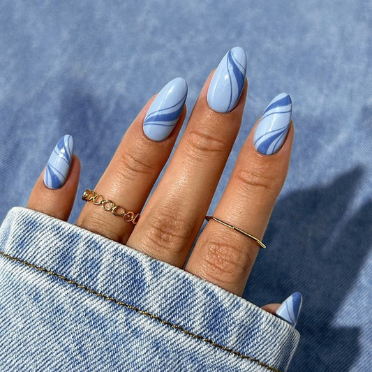 Feel Like Fancy Medium Almond Blue Marble Press On Nails