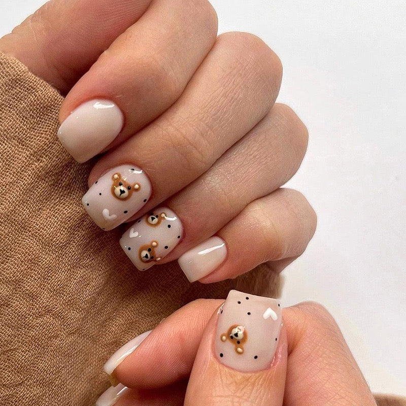 Teddy Bear Love Short Square Brown Cute Press On Nails